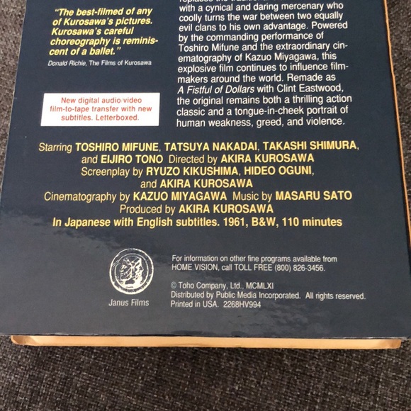 Yojimbo [VHS] Toshirô Mifune, Eijirô Tôno, Tatsuya Nakadai, Yôko Tsukasa, Isuzu - Picture 5 of 10